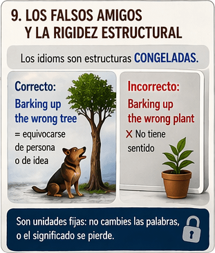 Ilustración sobre falsos amigos y la rigidez fija de las construcciones idiomáticas en inglés.