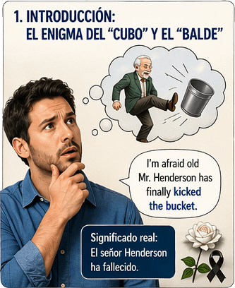 Ilustración del enigma del cubo y el balde frente al significado real del idiom en inglés.