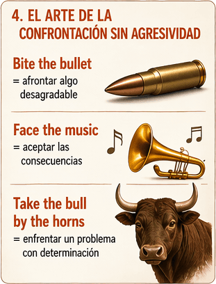 Ilustración sobre el arte de la confrontación en inglés y expresiones como bite the bullet o face the music.