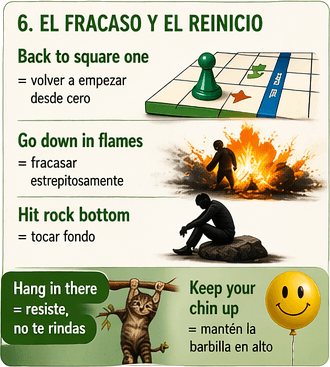 Ilustración sobre el fracaso en inglés, tocar fondo y volver a empezar con expresiones idiomáticas.