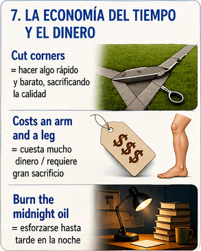 Ilustración sobre tiempo, dinero y ética del esfuerzo en expresiones idiomáticas del inglés cotidiano.