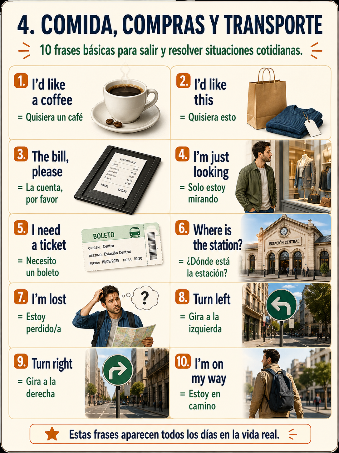 Infografía sobre comida, compras y transporte en inglés.