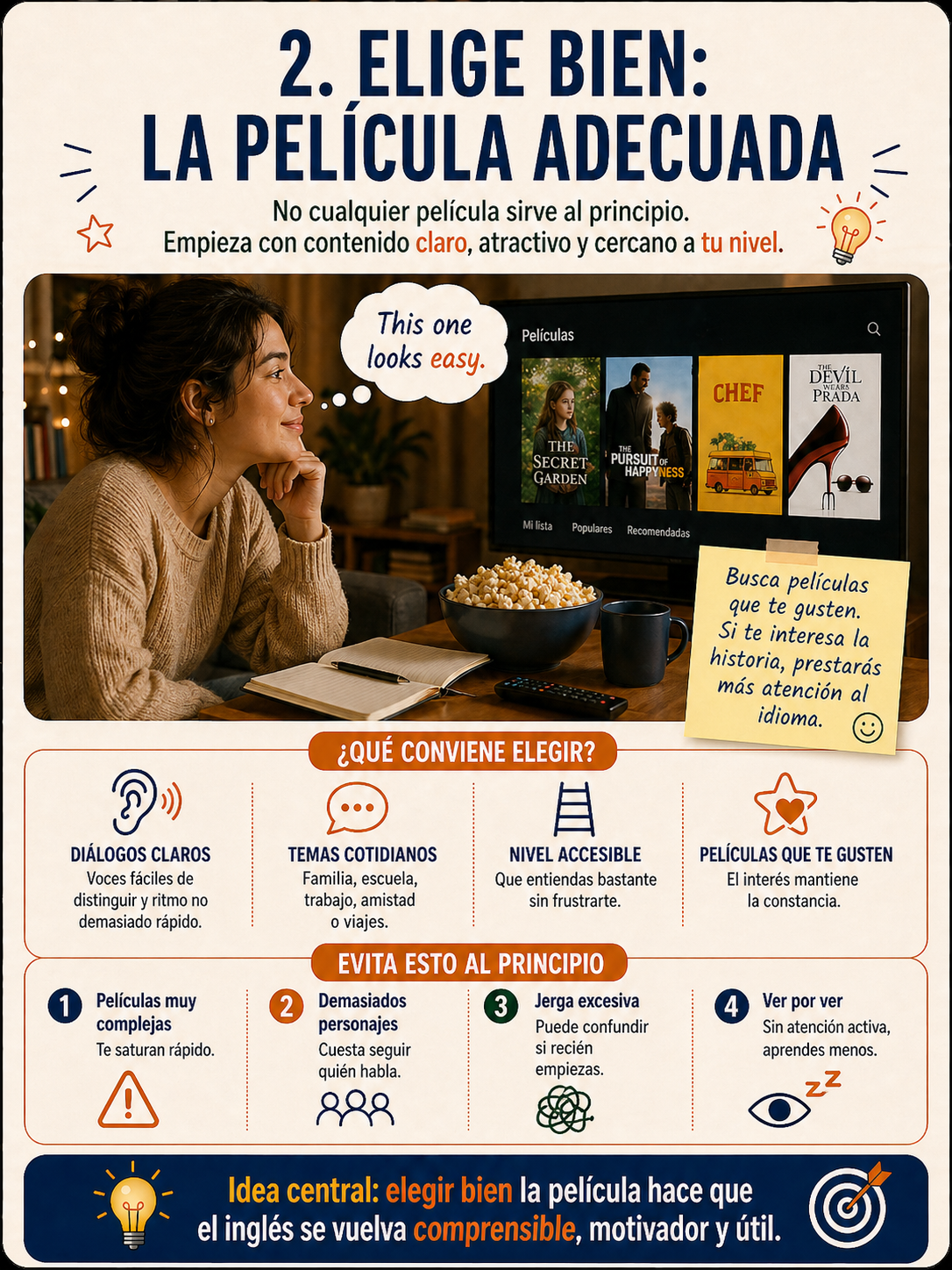 Infografía sobre cómo elegir una película adecuada para aprender inglés.