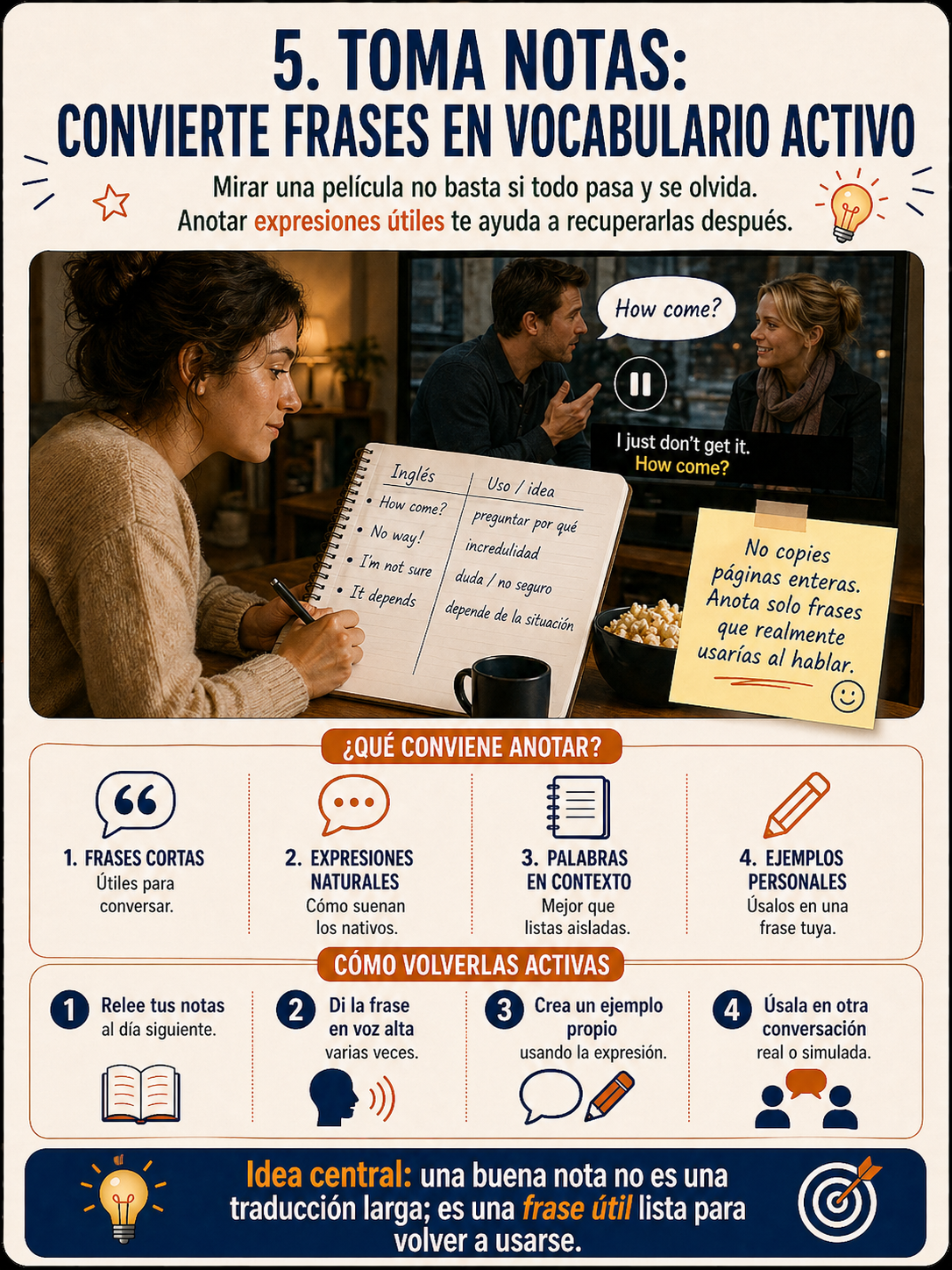 Infografía sobre tomar notas al aprender inglés con películas.