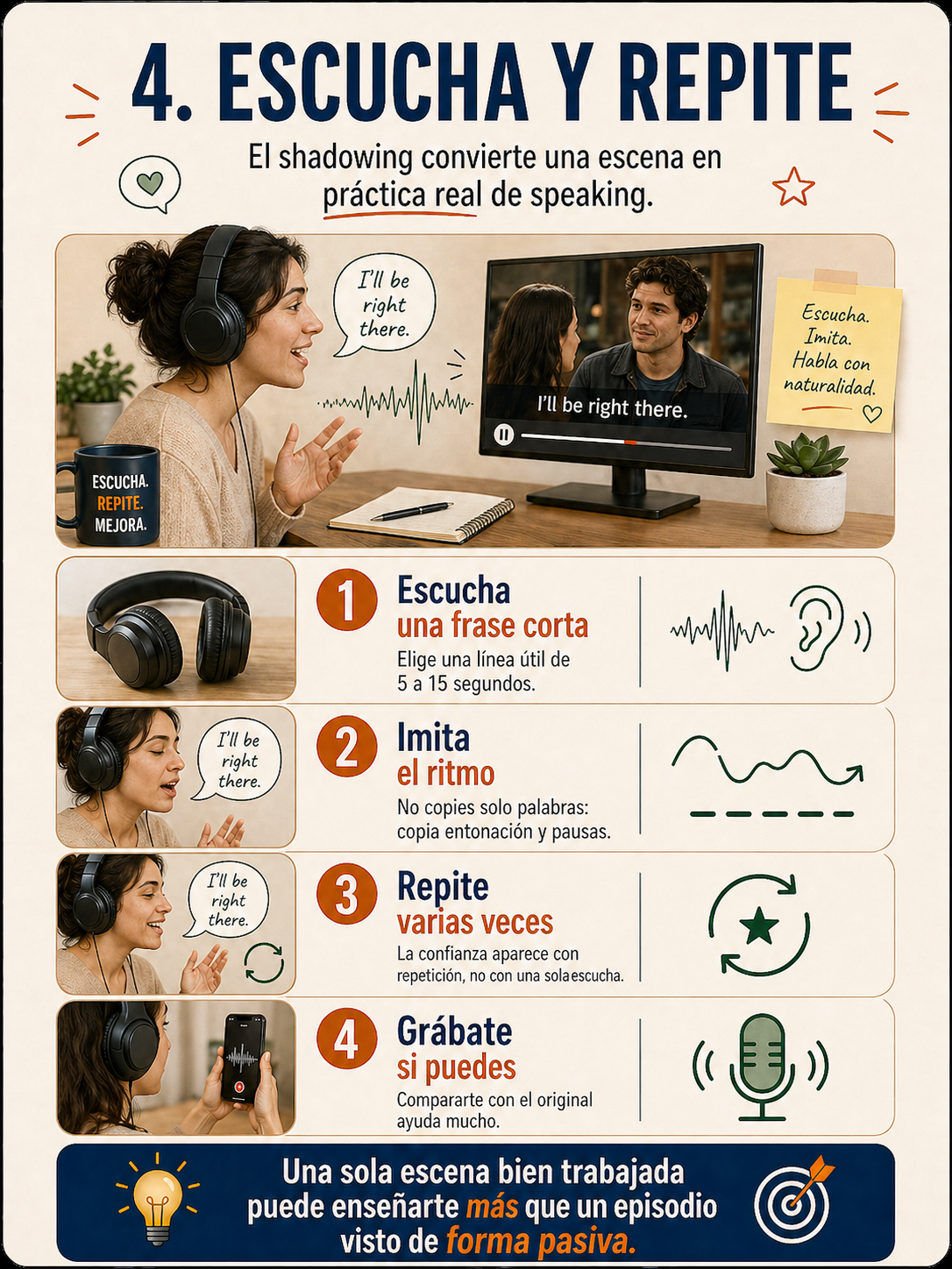 Infografía sobre escuchar y repetir con series.