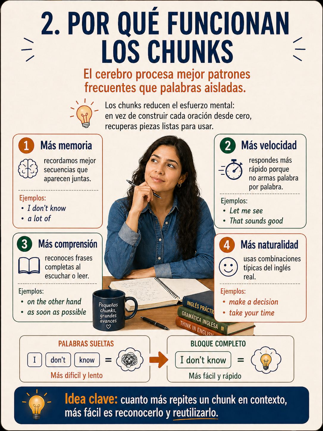 Infografía sobre por qué los chunks ayudan a hablar con fluidez.