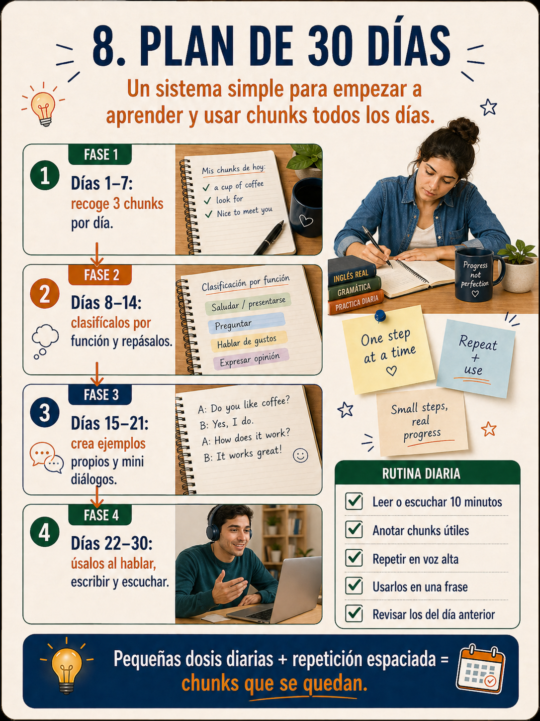 Infografía con plan de 30 días para estudiar chunks en inglés.