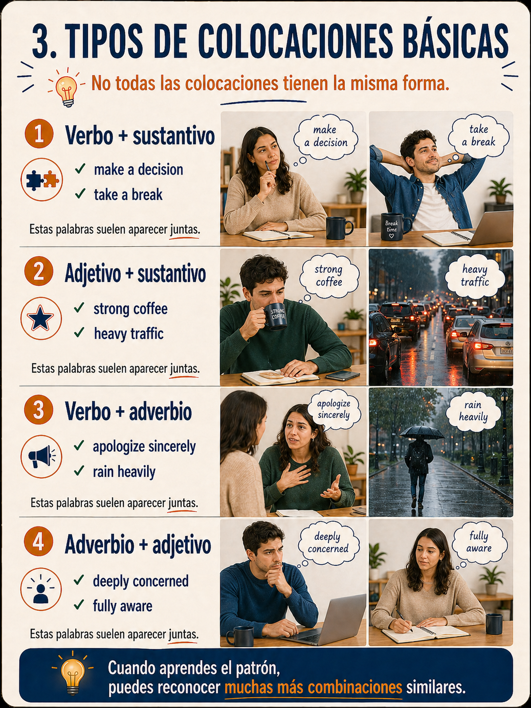 Infografía sobre los tipos de colocaciones básicas.