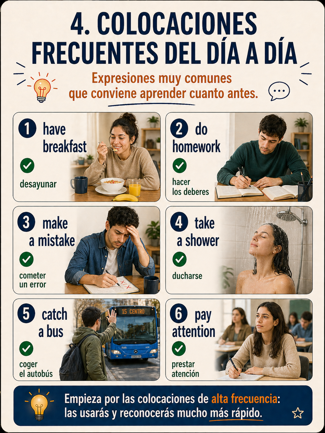 Infografía con colocaciones frecuentes del día a día.