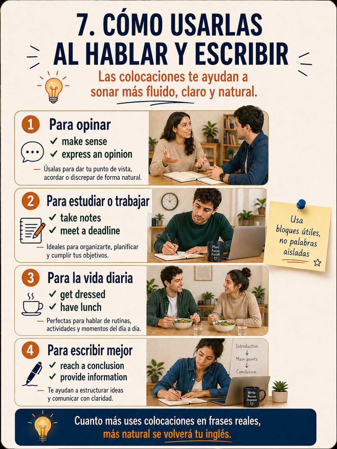 Infografía sobre cómo usar colocaciones al hablar y escribir.