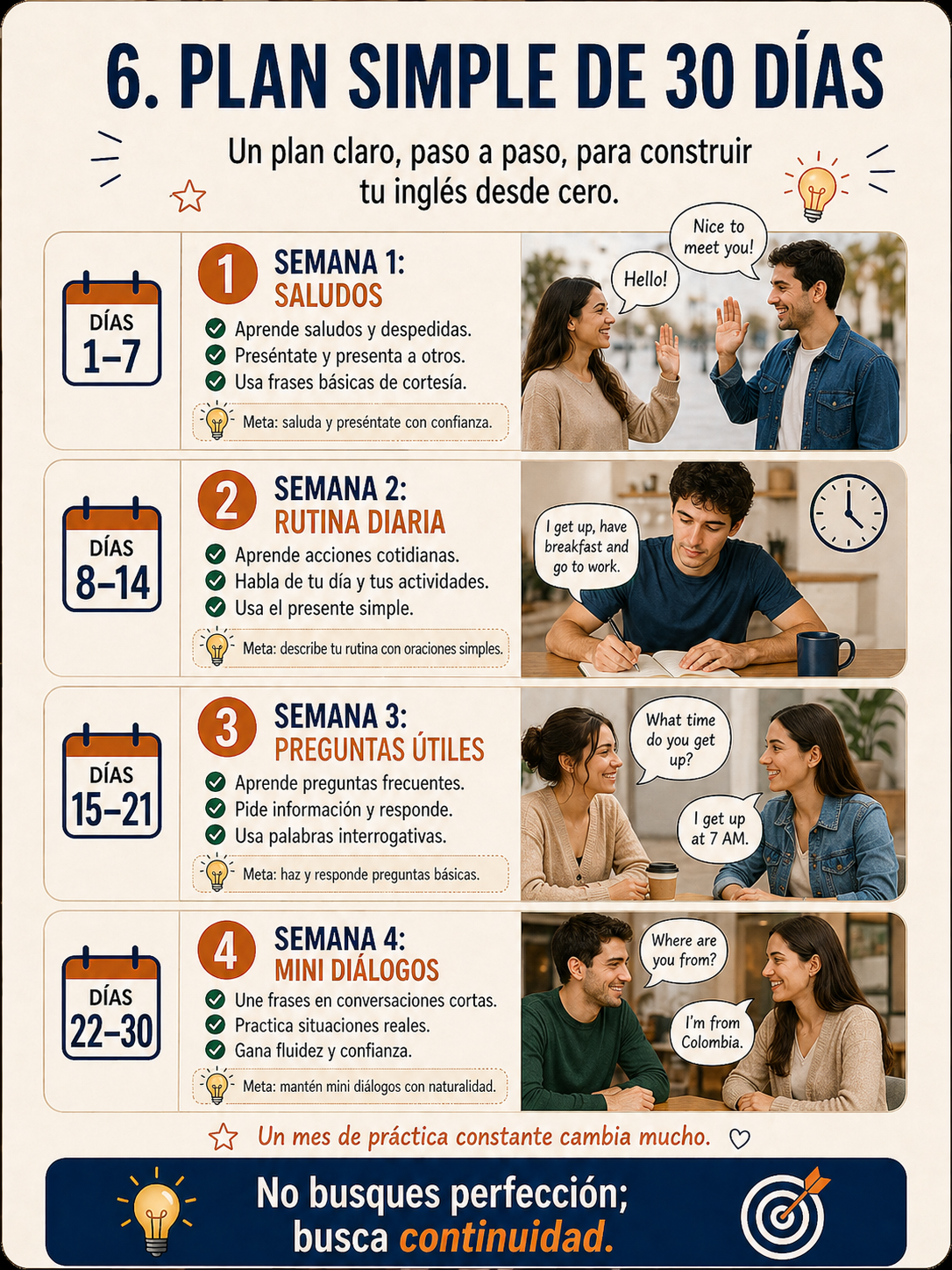 Infografía sobre cómo empezar a aprender inglés sin abrumarse.