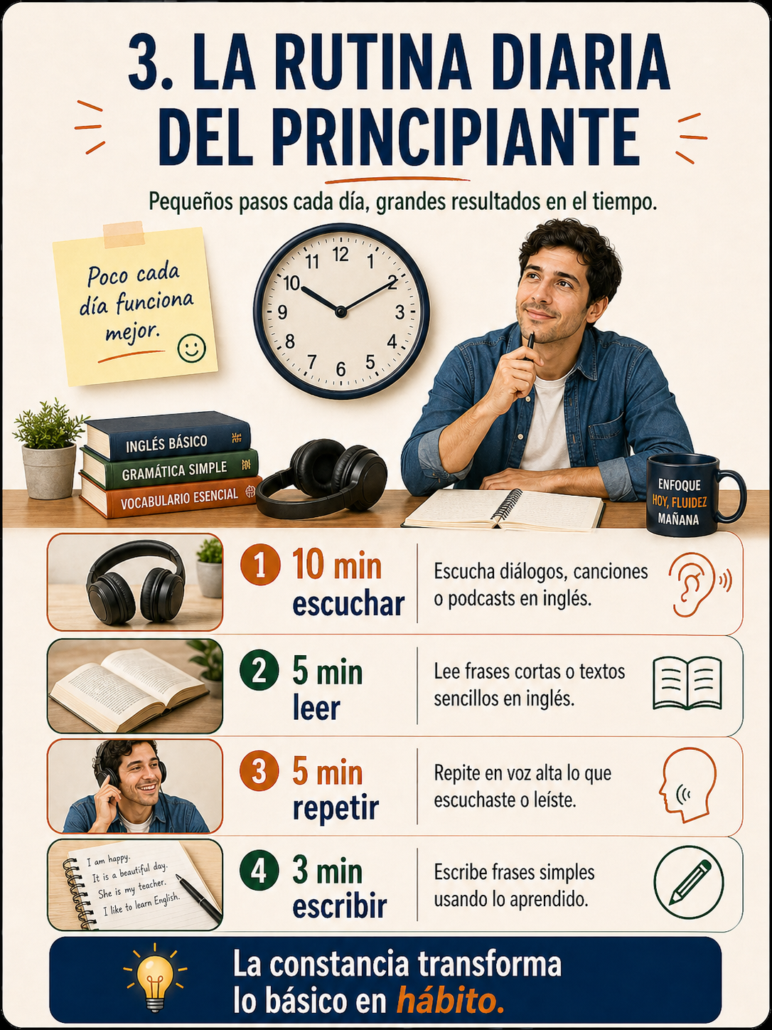 Infografía sobre la rutina diaria del principiante para aprender inglés.