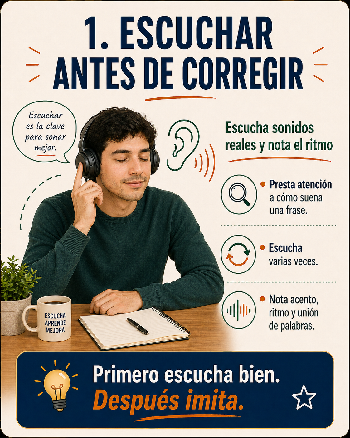 Infografía sobre escuchar antes de corregir la pronunciación.