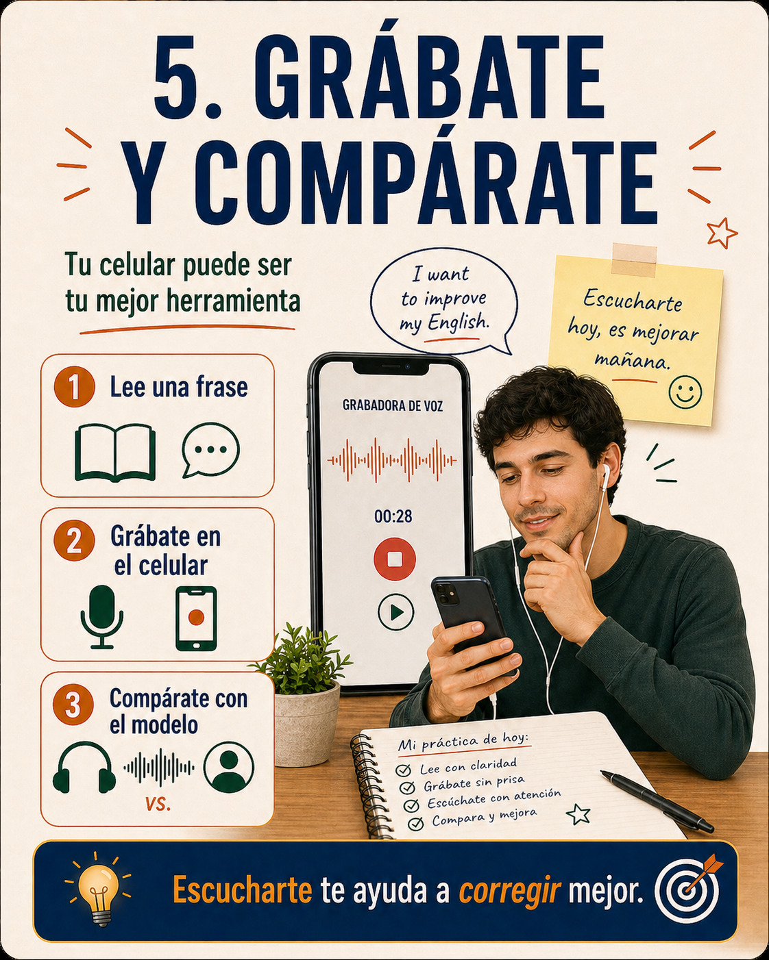 Infografía sobre grabarse y compararse para mejorar la pronunciación.