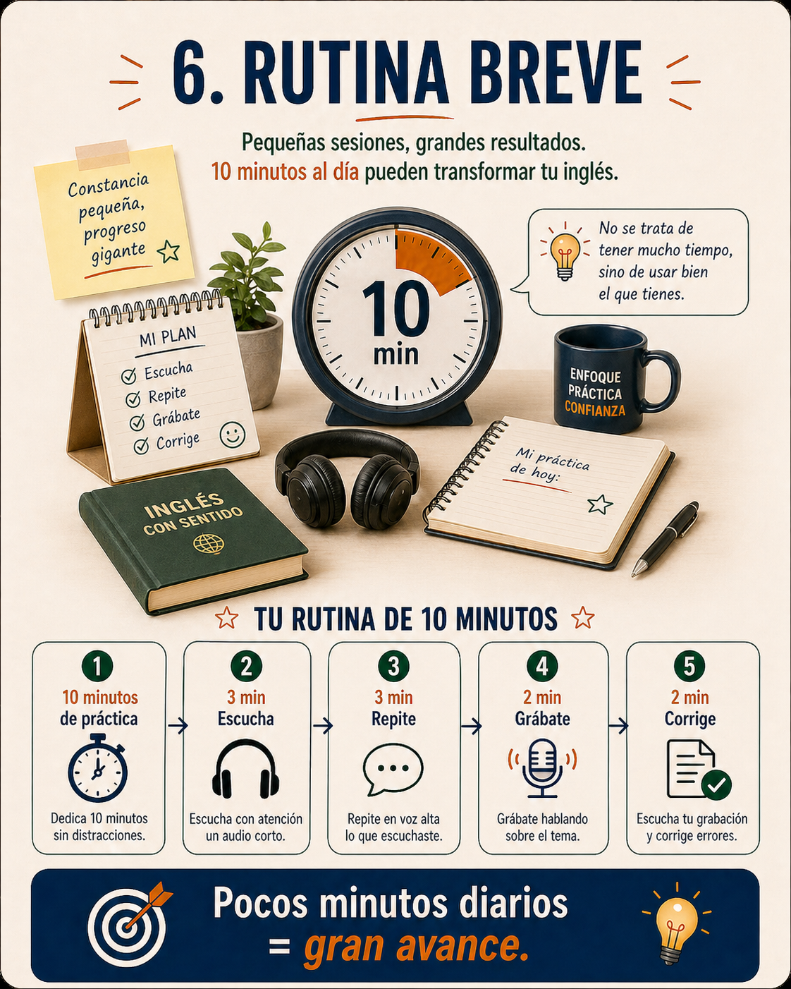 Infografía sobre una rutina breve para mejorar la pronunciación en inglés.