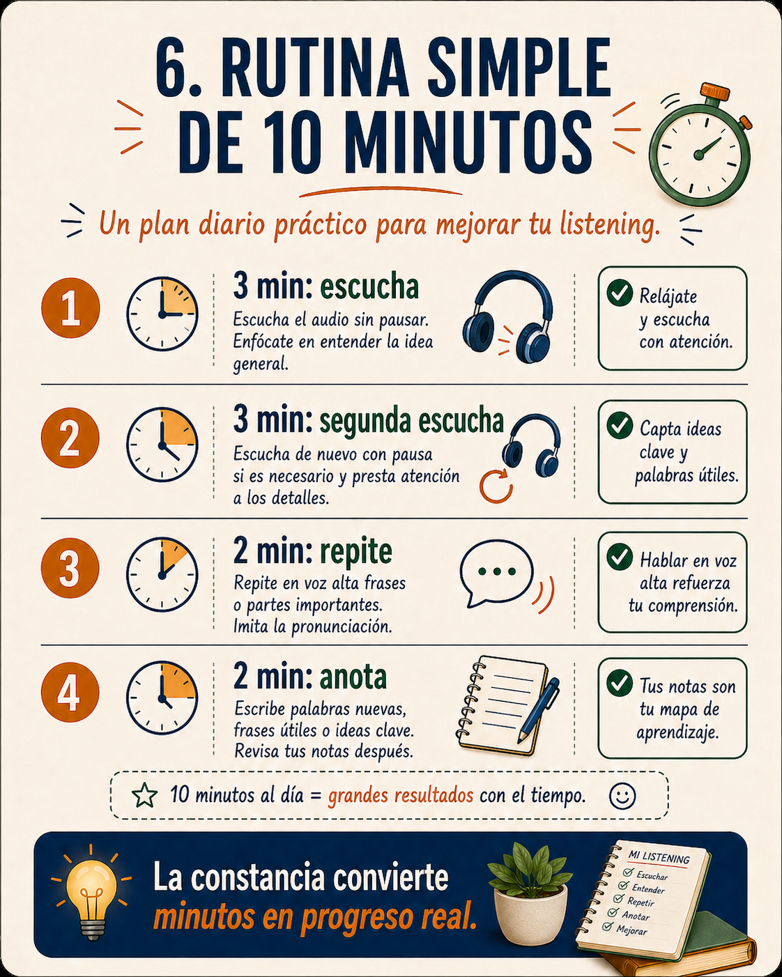 Infografía sobre escuchar todos los días para mejorar el listening.