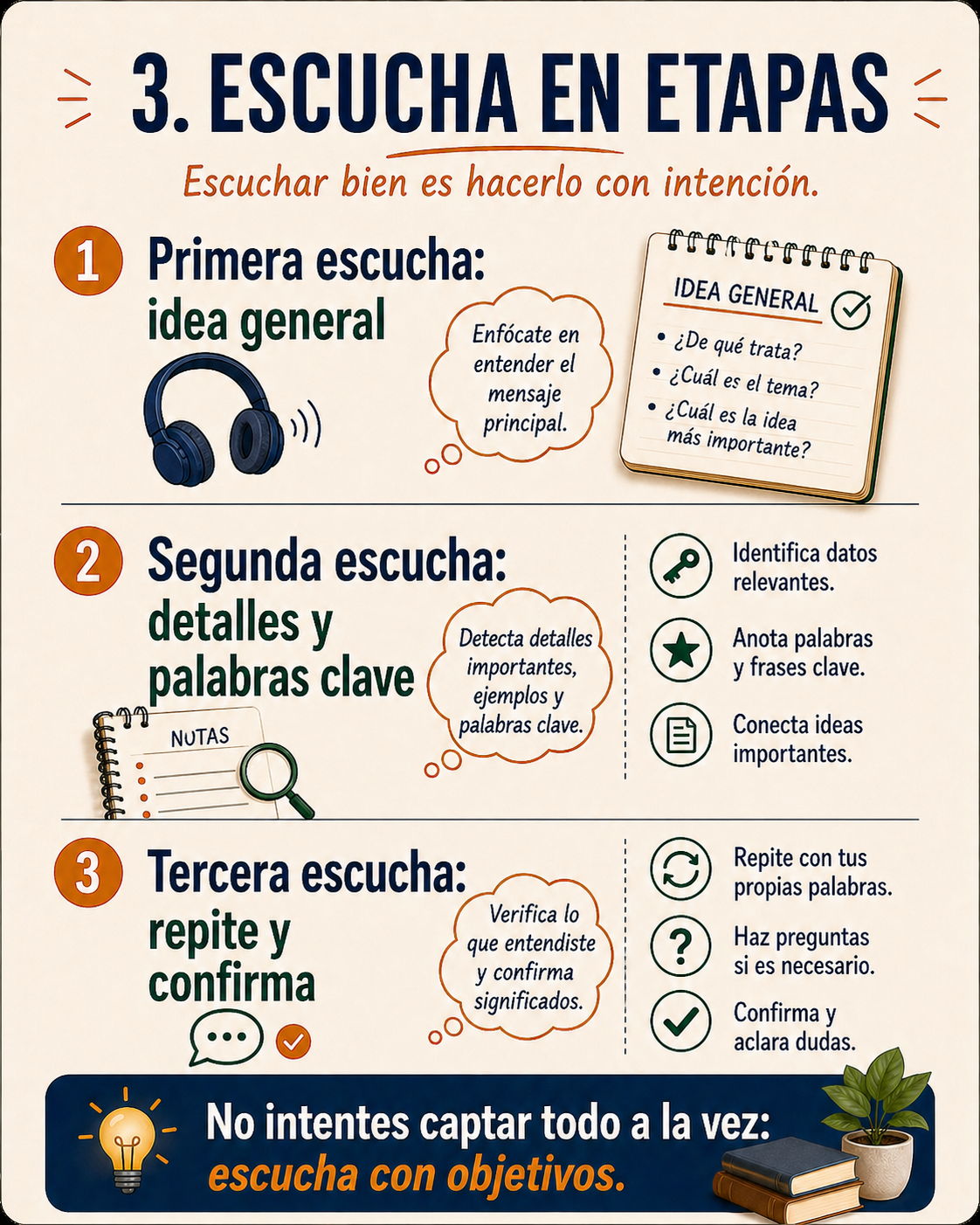 Infografía sobre escuchar un audio en varias etapas.