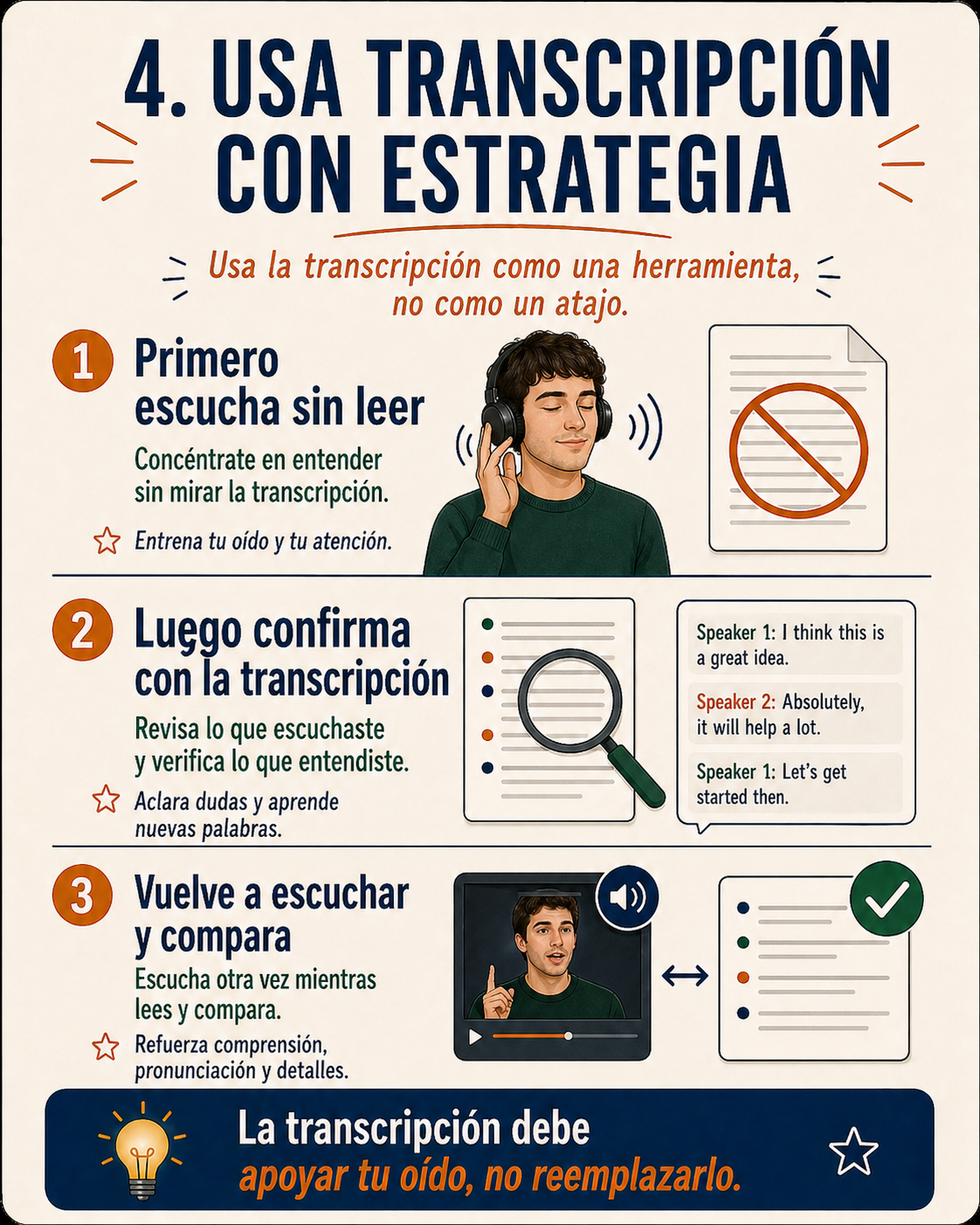 Infografía sobre cómo usar transcripciones para mejorar el listening.