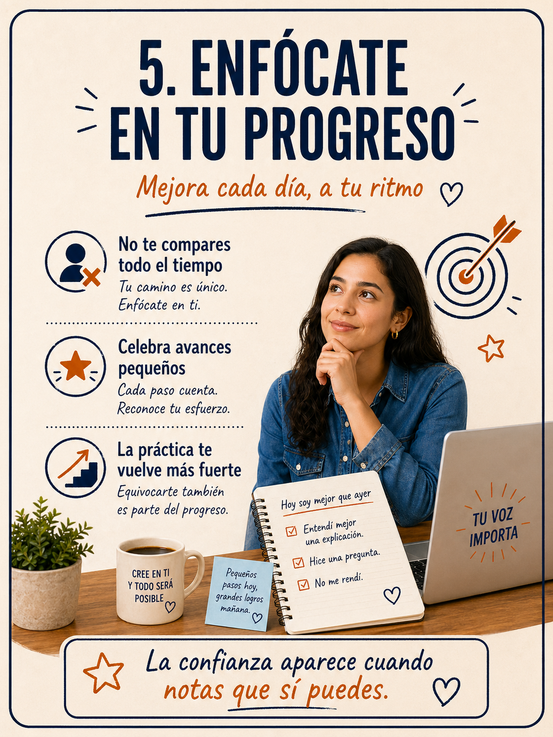 Infografía sobre enfocarte en el progreso para mejorar la confianza al hablar.