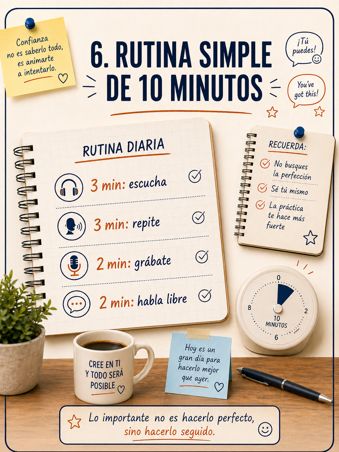 Infografía sobre una rutina simple de 10 minutos para mejorar la confianza al hablar.