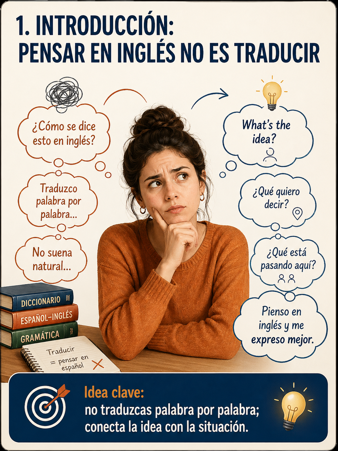 Ilustración del punto 1: pensar en inglés no es traducir.
