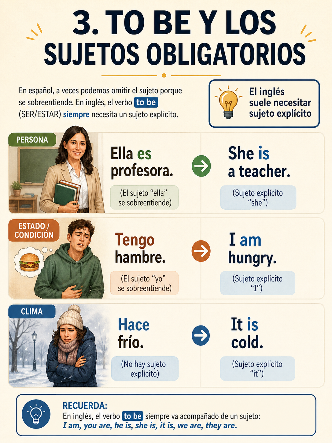Infografía sobre to be y los sujetos obligatorios