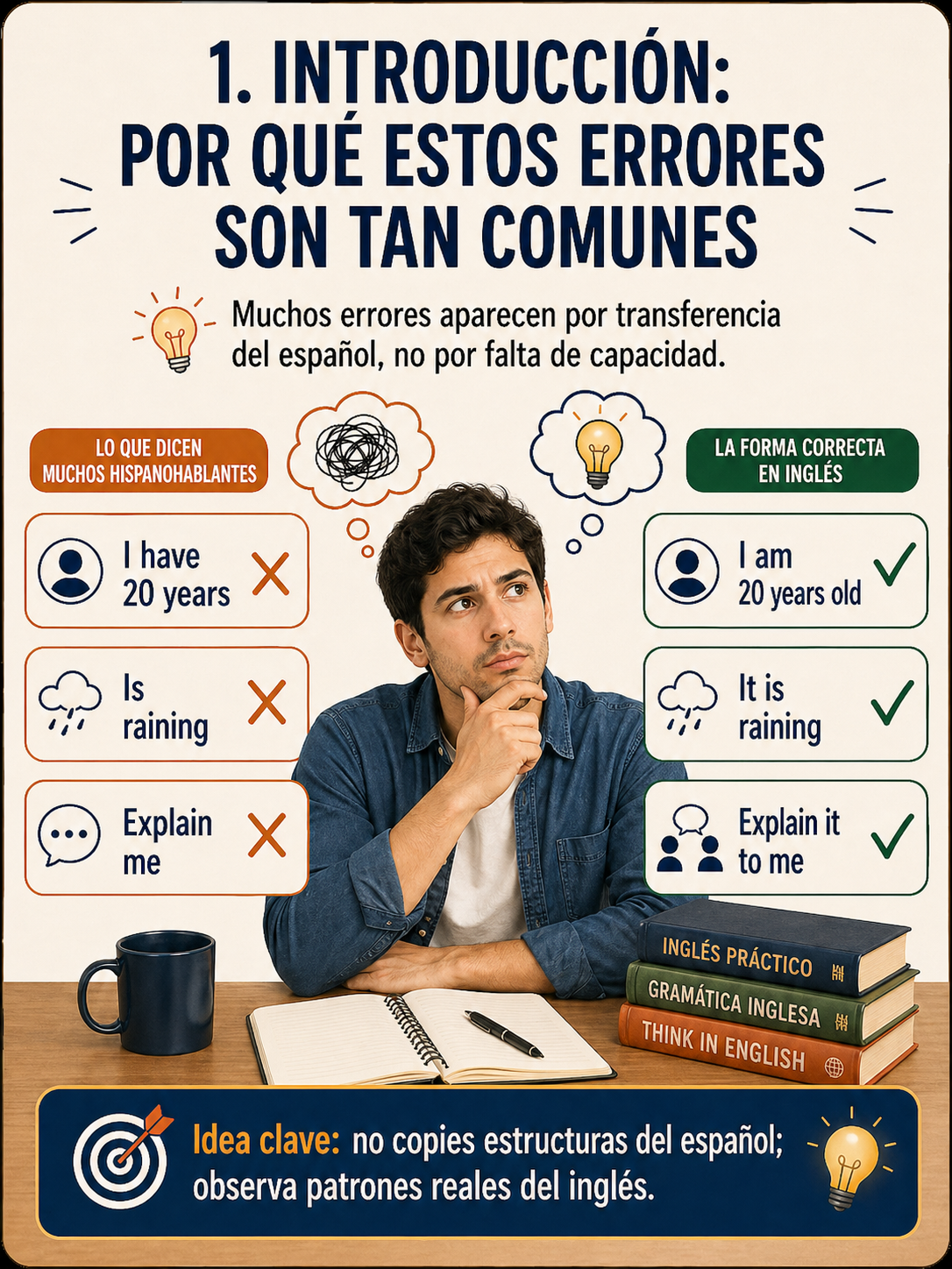 Infografía sobre por qué ciertos errores son tan comunes al pasar del español al inglés.
