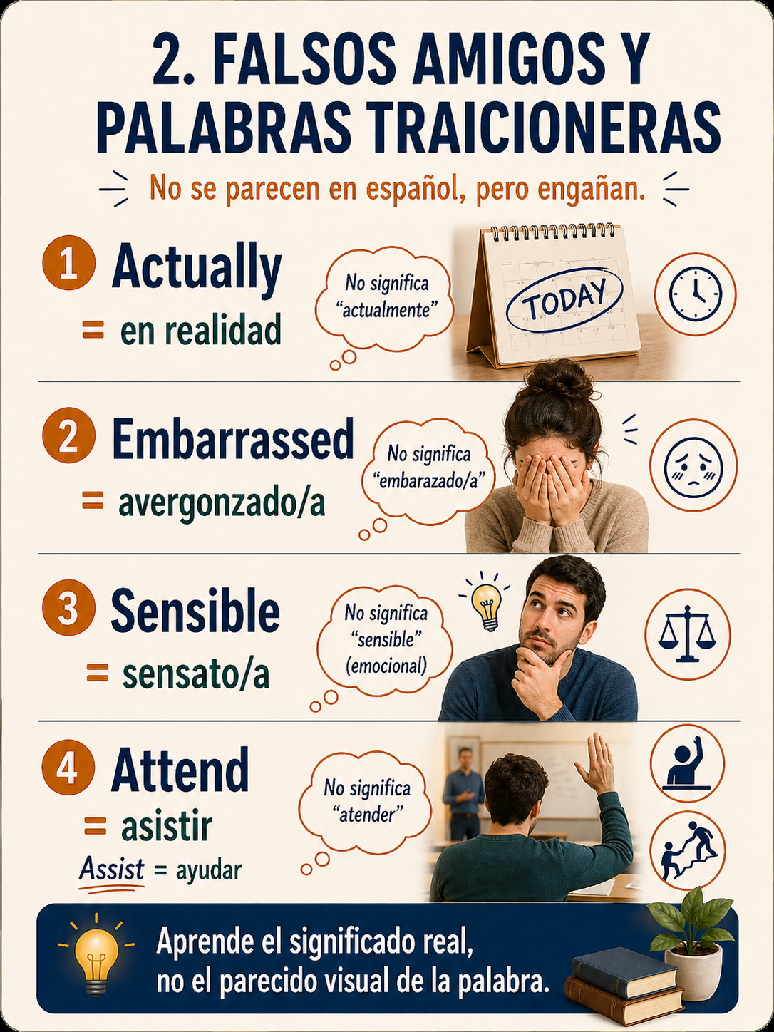 Infografía sobre falsos amigos y palabras traicioneras en inglés.