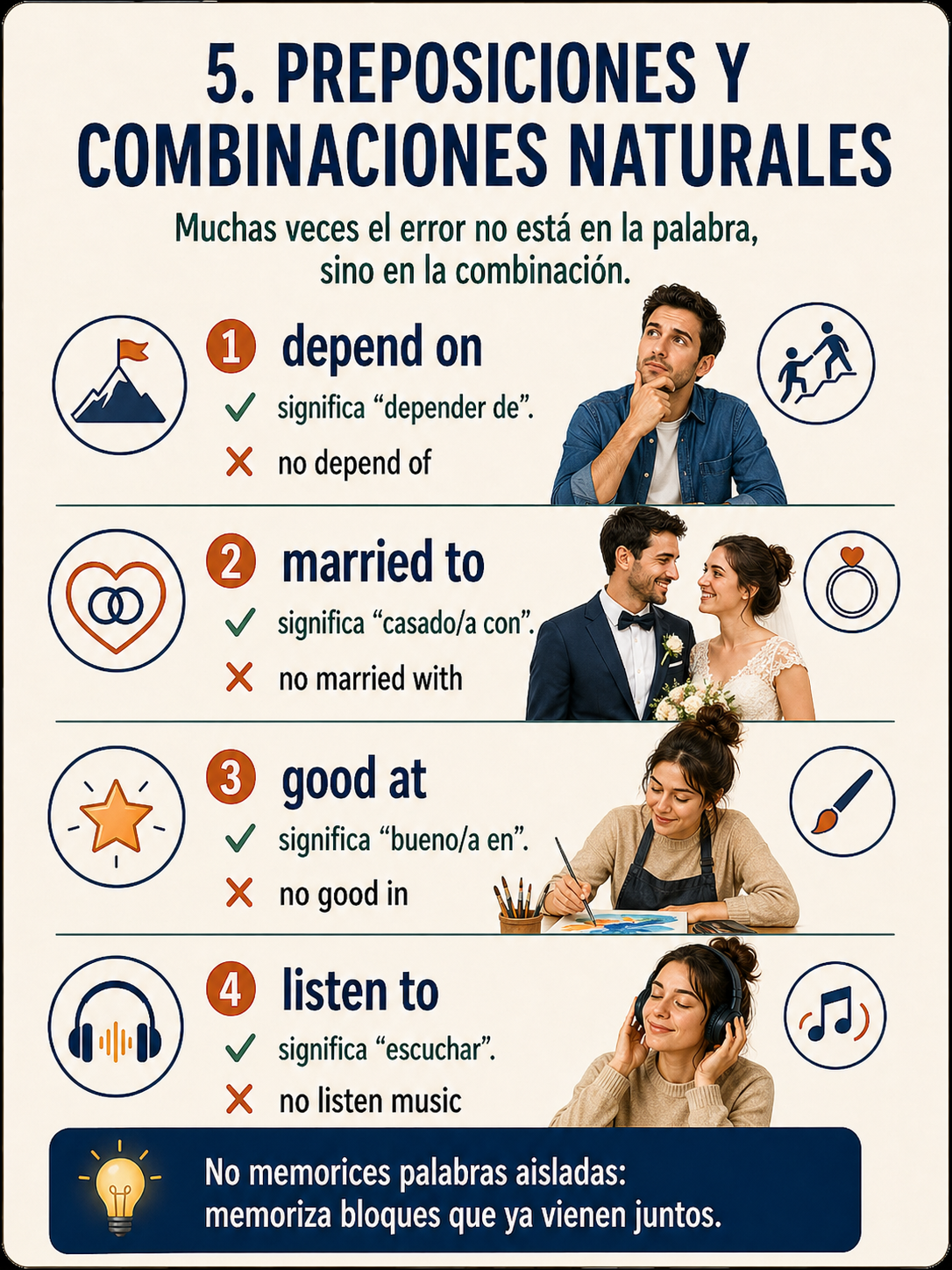 Infografía sobre preposiciones y combinaciones naturales en inglés.