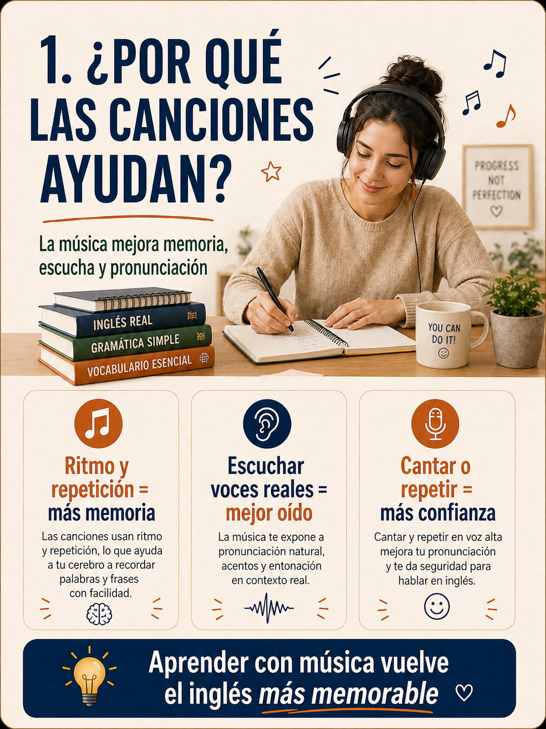 Infografía sobre por qué las canciones ayudan a aprender inglés.