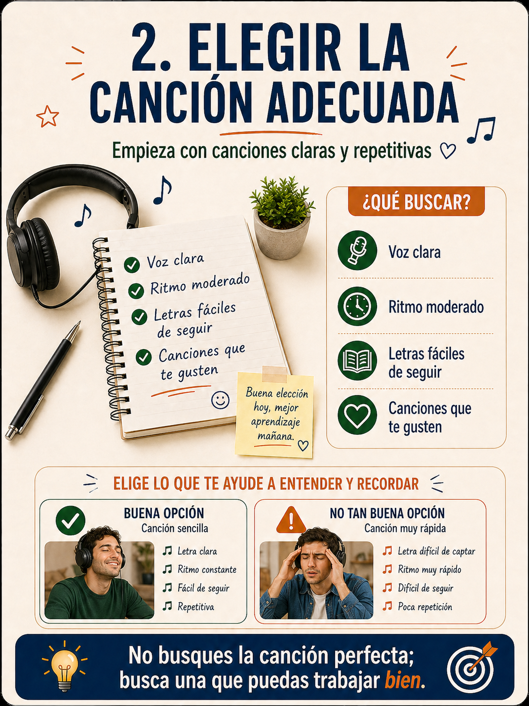 Infografía sobre cómo elegir una canción adecuada para aprender.