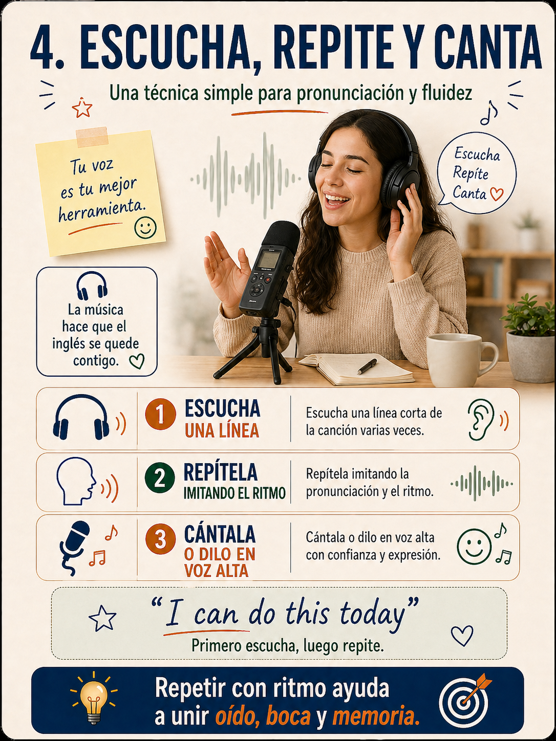 Infografía sobre escuchar, repetir y cantar para mejorar pronunciación.