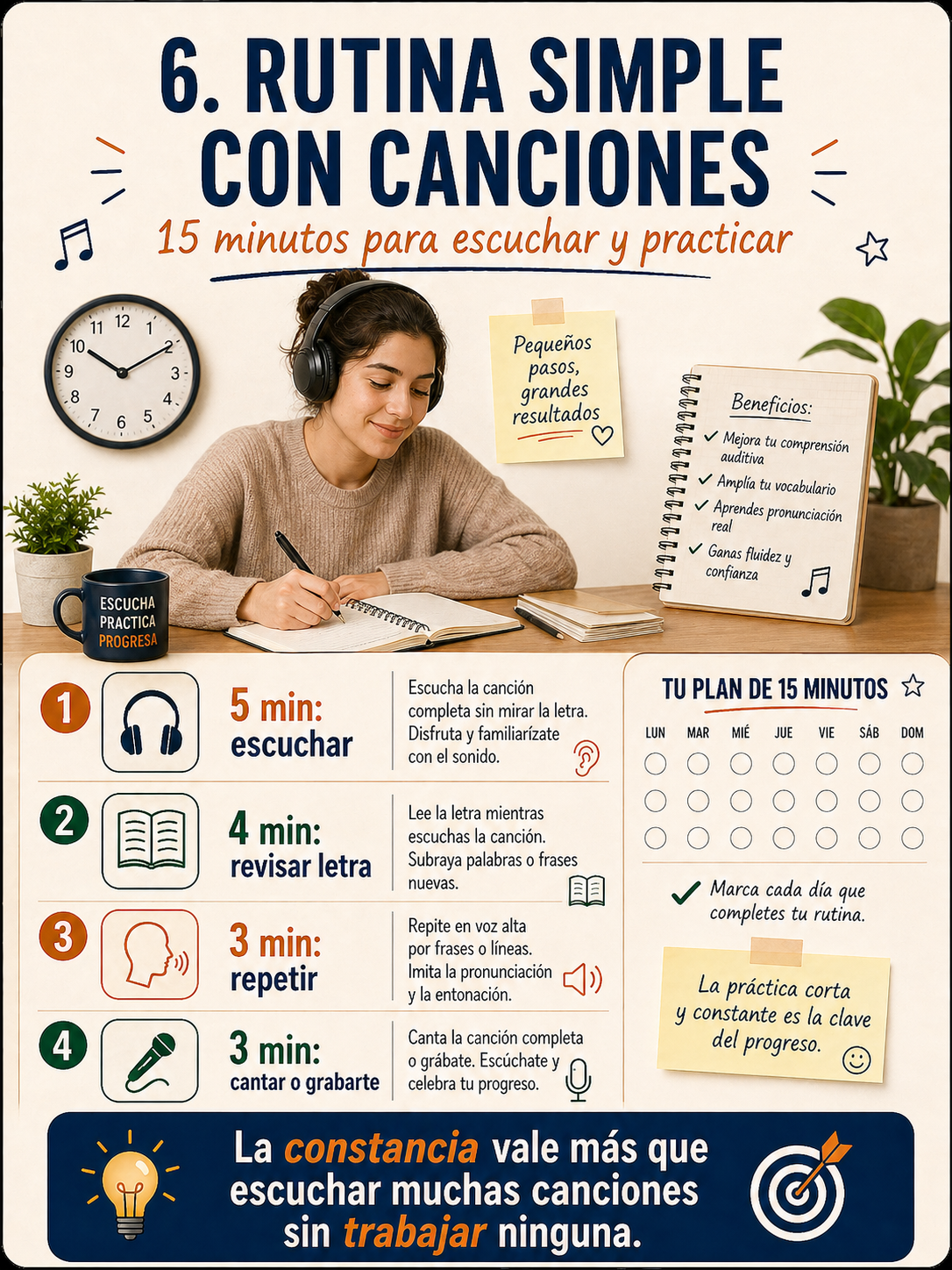 Infografía con una rutina simple para practicar con canciones.