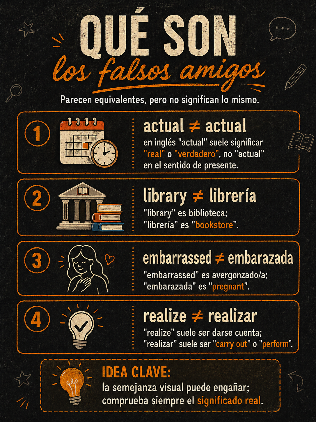 Infografía que explica qué son los falsos amigos entre español e inglés.