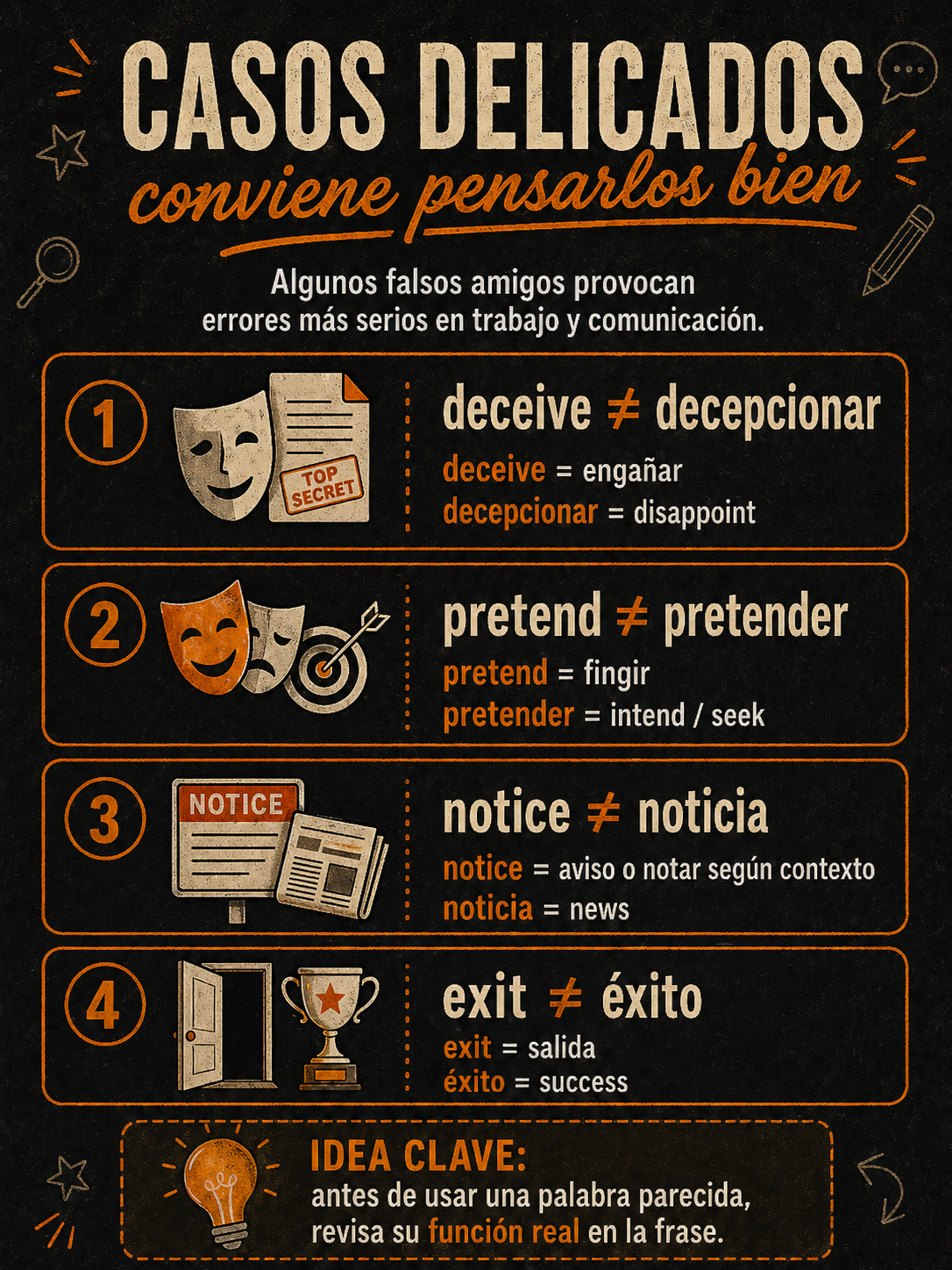 Infografía sobre casos delicados de falsos amigos.