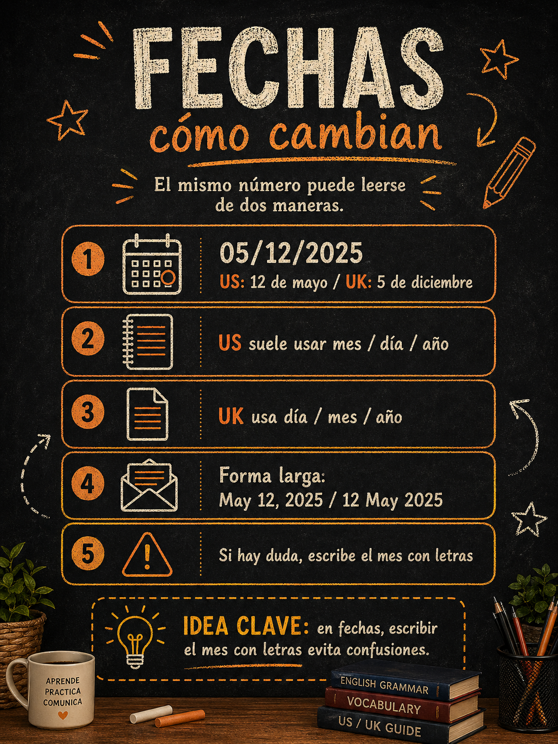 Infografía sobre formatos de fecha en inglés US y UK.