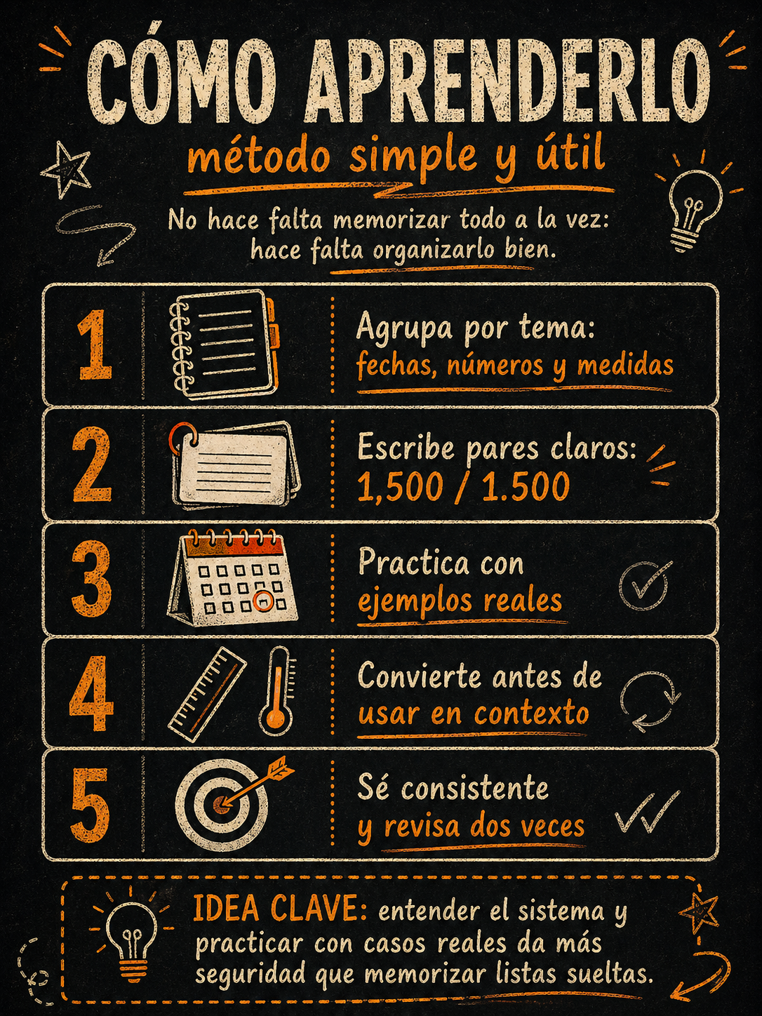 Infografía con método para aprender fechas, números y medidas US UK.