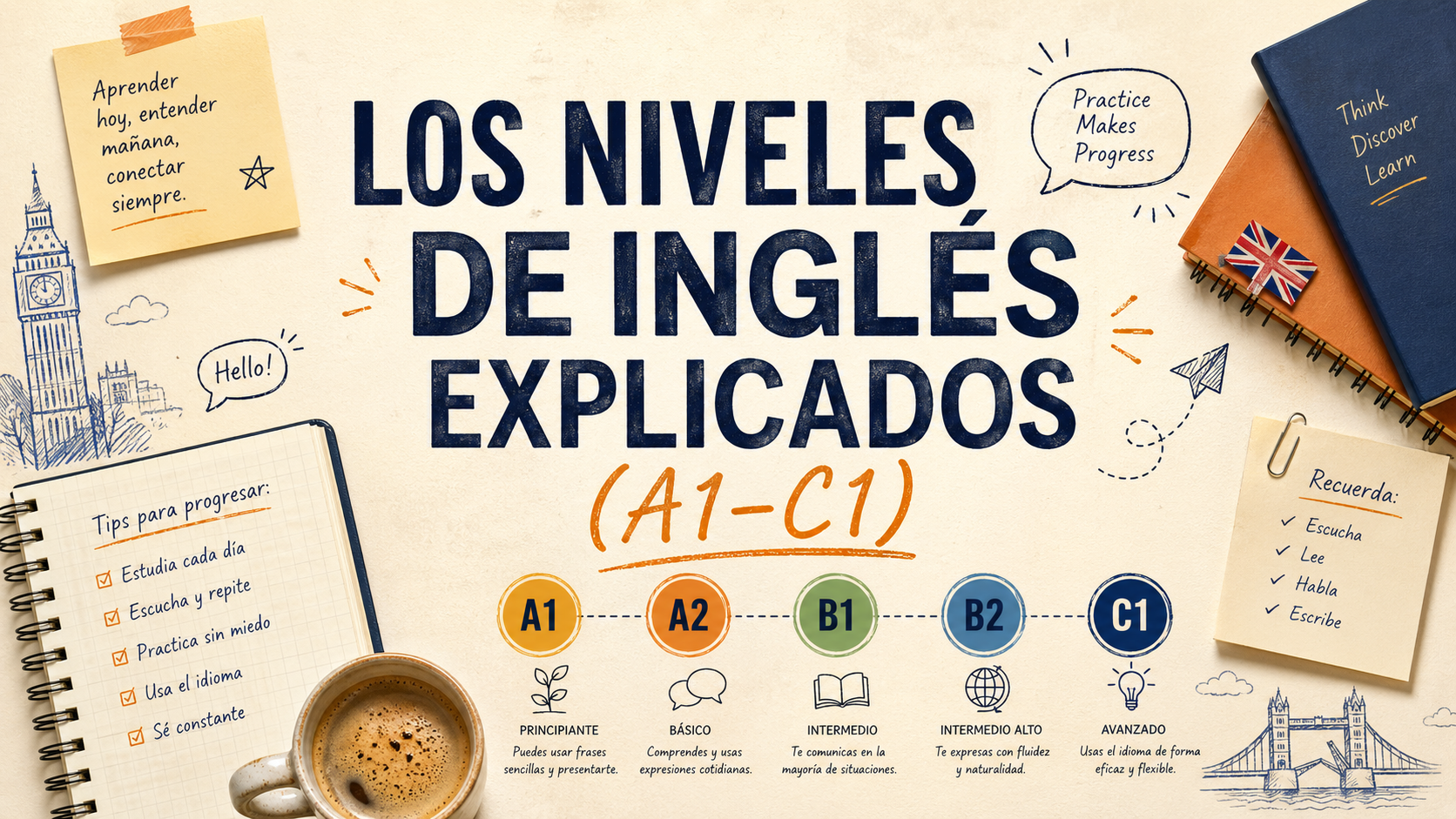 Infografía general sobre niveles y certificaciones de inglés.