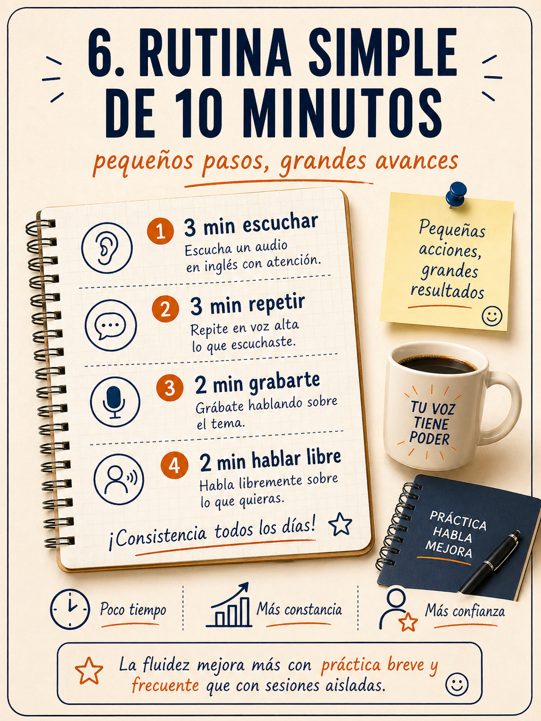 Infografía sobre práctica inteligente para exámenes de inglés.