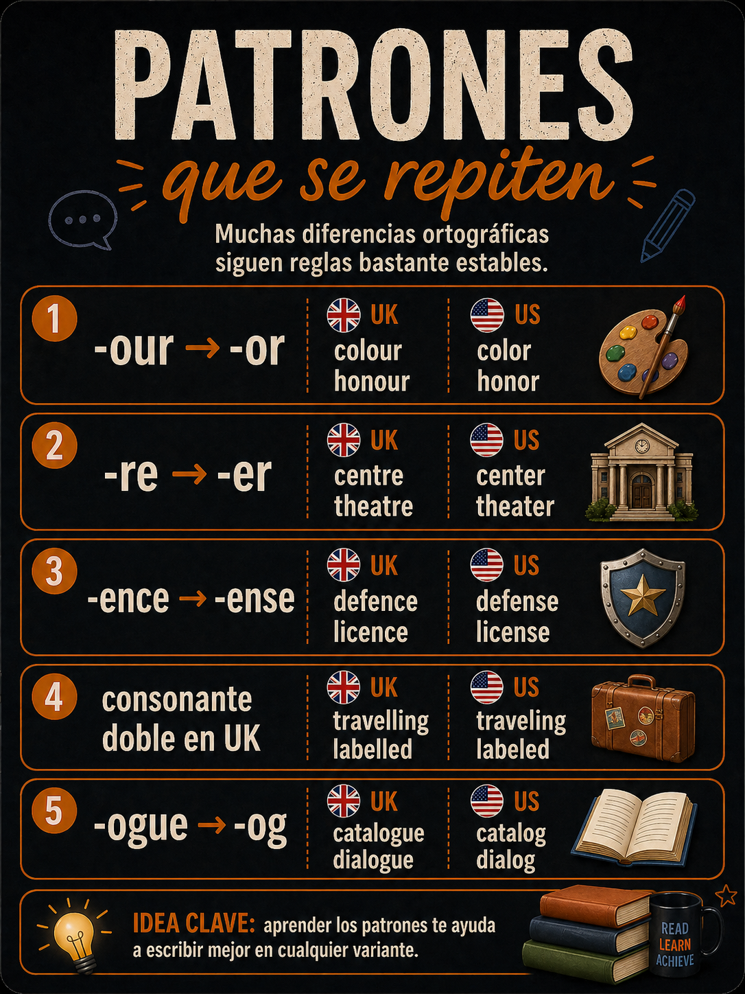 Infografía sobre patrones ortográficos entre inglés británico y americano.