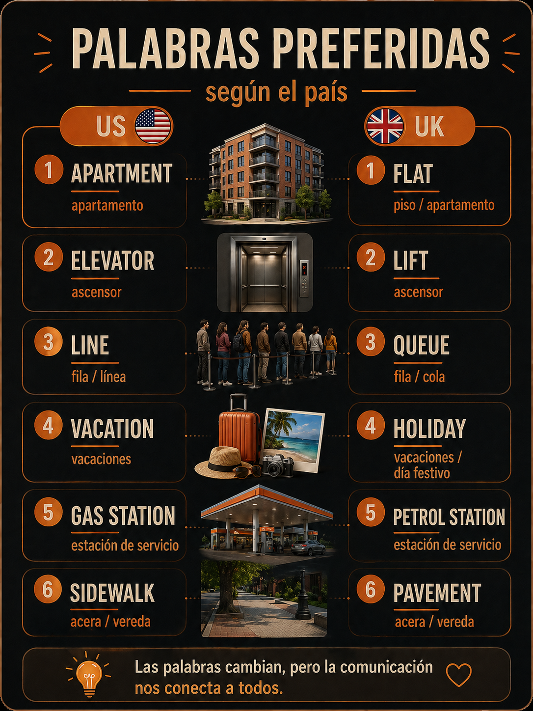 Infografía sobre palabras preferidas en inglés británico y estadounidense.