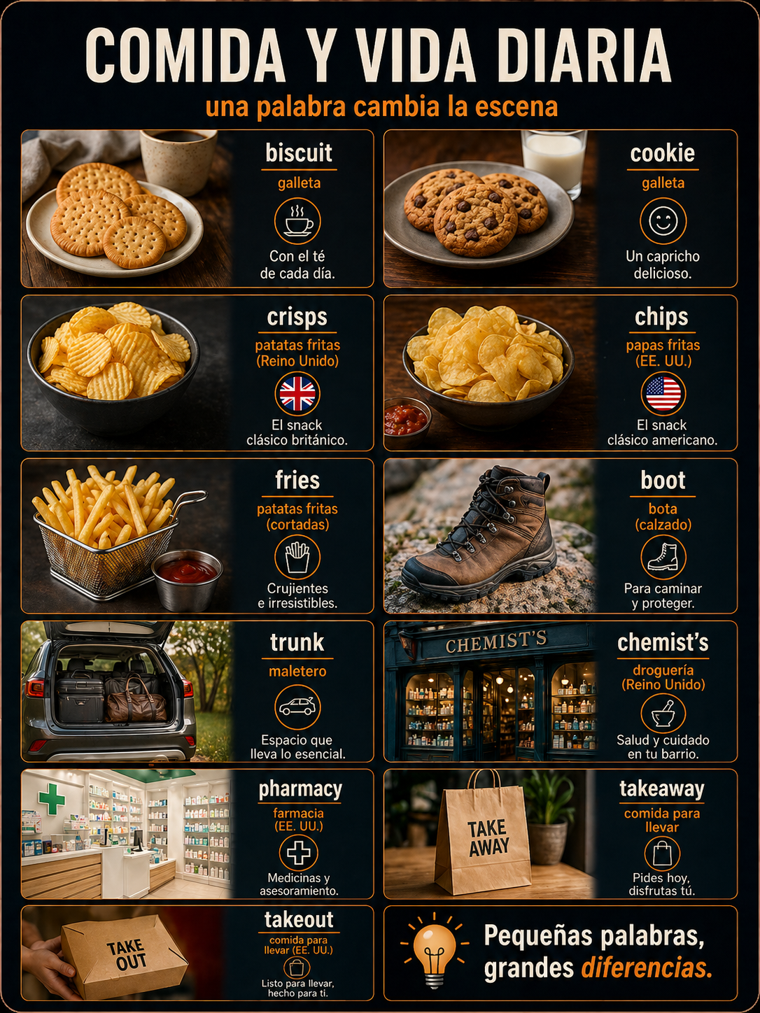 Infografía sobre vocabulario de comida y vida diaria en inglés US y UK.