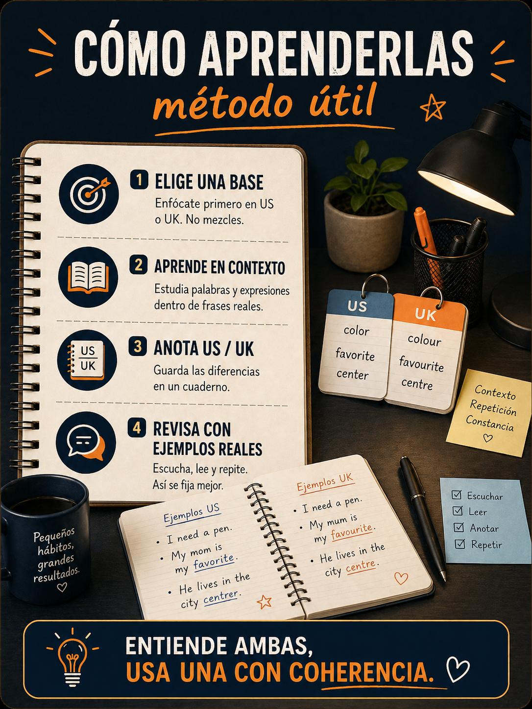 Infografía con método para estudiar palabras que cambian entre US y UK.