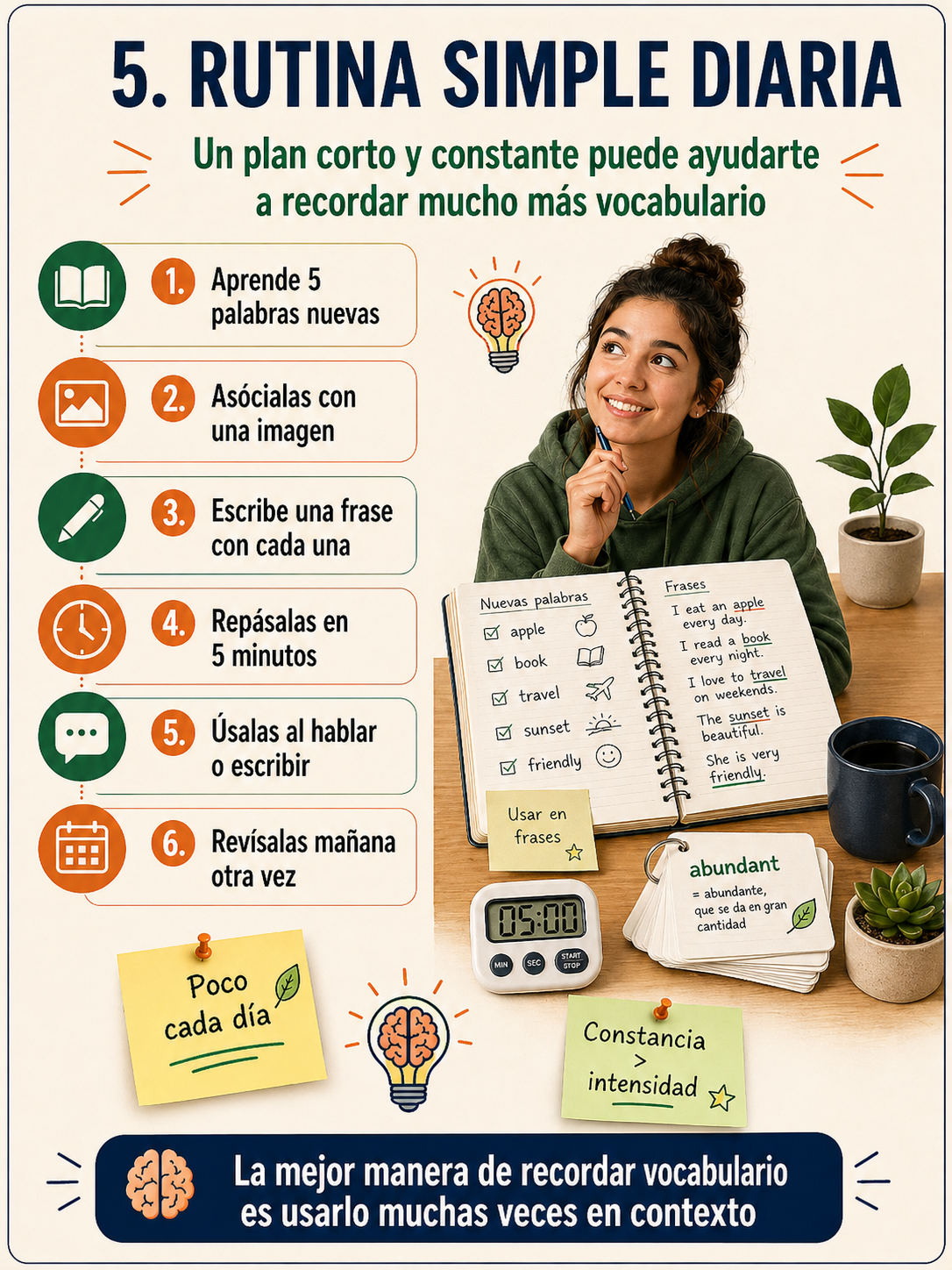 Infografía sobre una rutina simple diaria para recordar vocabulario.