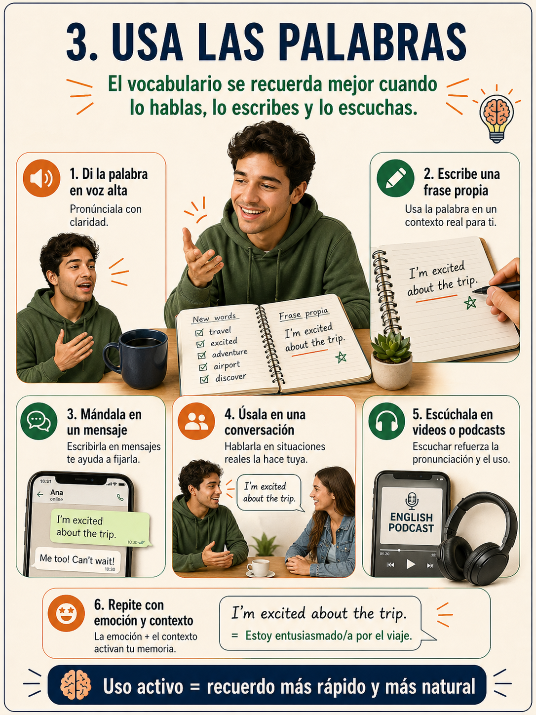 Infografía sobre uso activo del vocabulario.