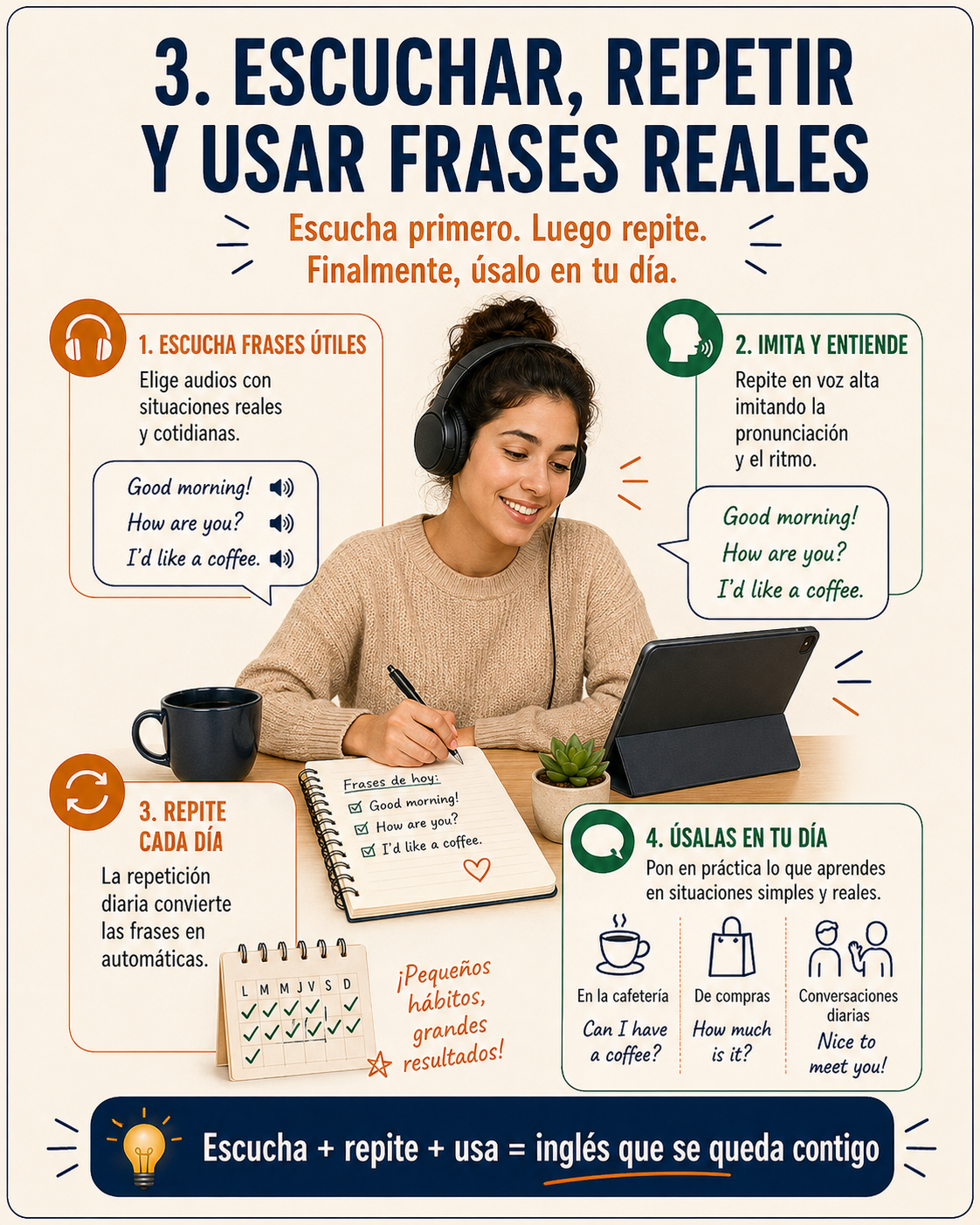 Infografía sobre escuchar, repetir y usar frases reales