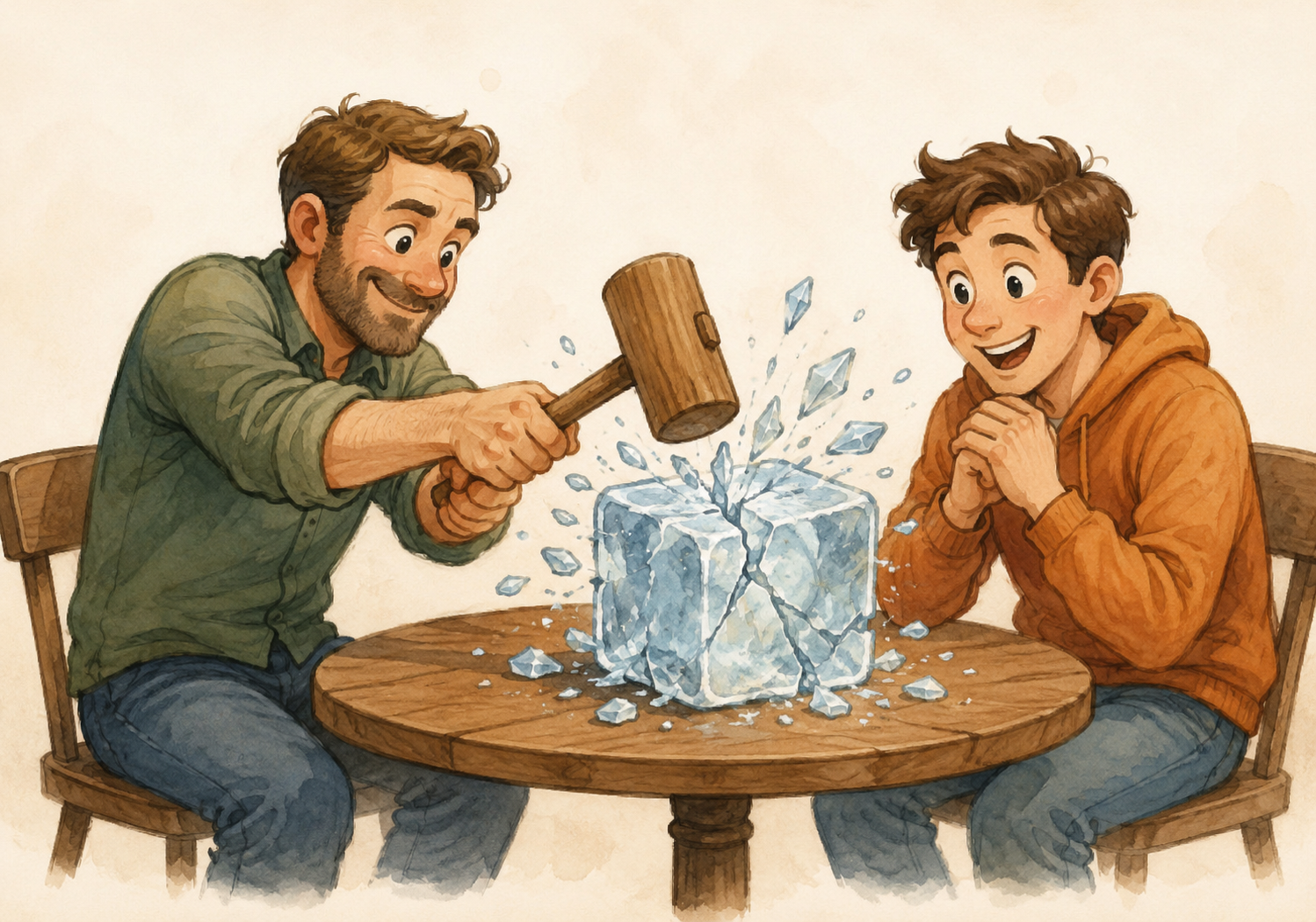 Imagen cómica de dos personas rompiendo el hielo en una conversación
