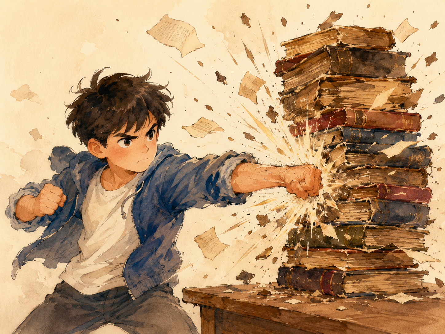 Imagen divertida de alguien listo para estudiar con muchos libros