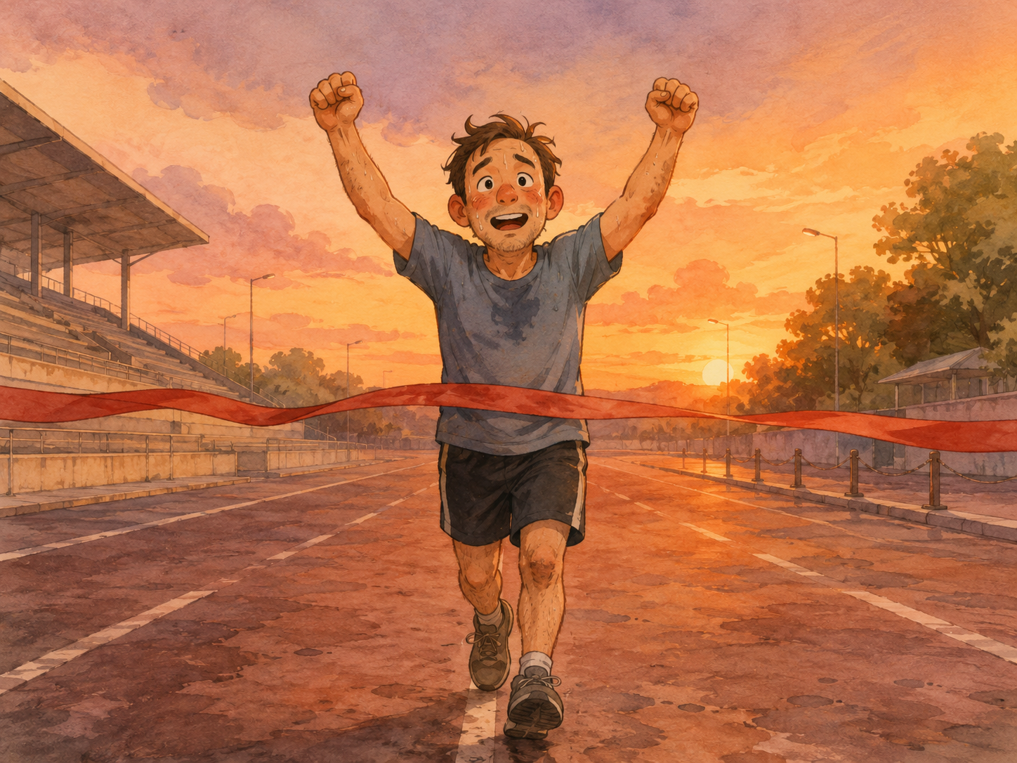 Ilustración cómica de alguien llegando tarde pero contento