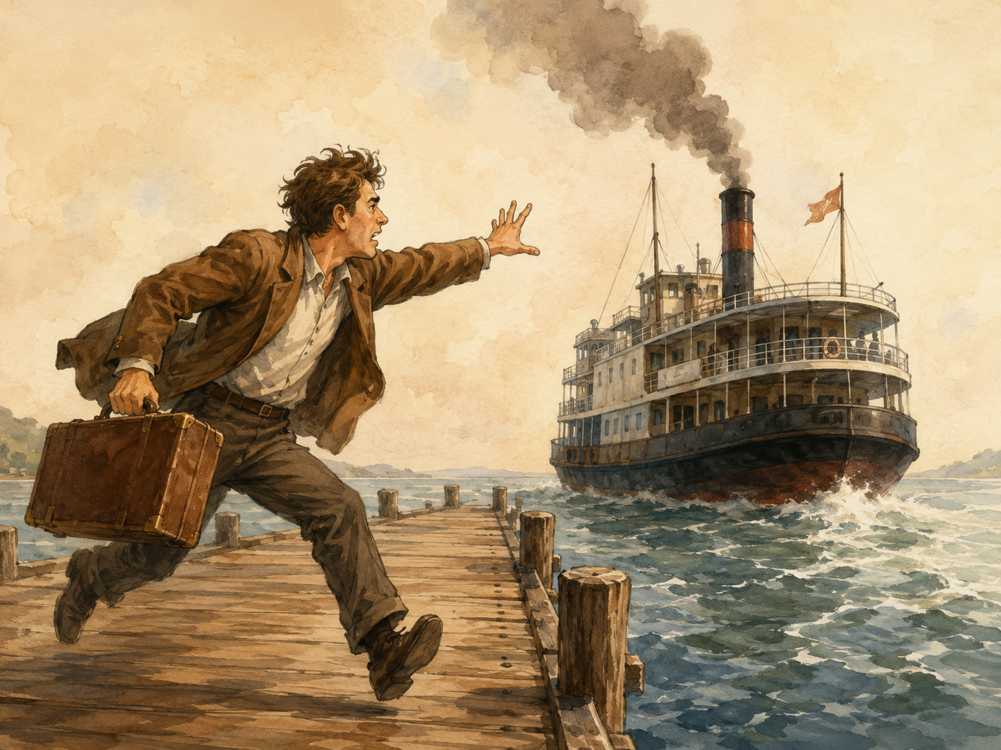 Ilustración cómica de alguien que pierde un barco